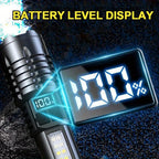 Digital battery level display with a 100% indicator on a dark textured background.