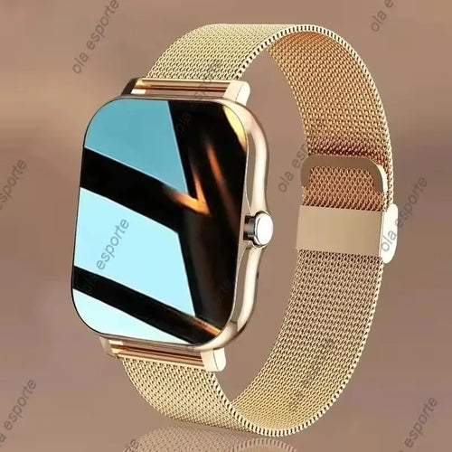 martwatch with a gold mesh band on a beige background