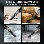 Vacuum cleaner attachments being used to clean various messes with text indicating their uses.