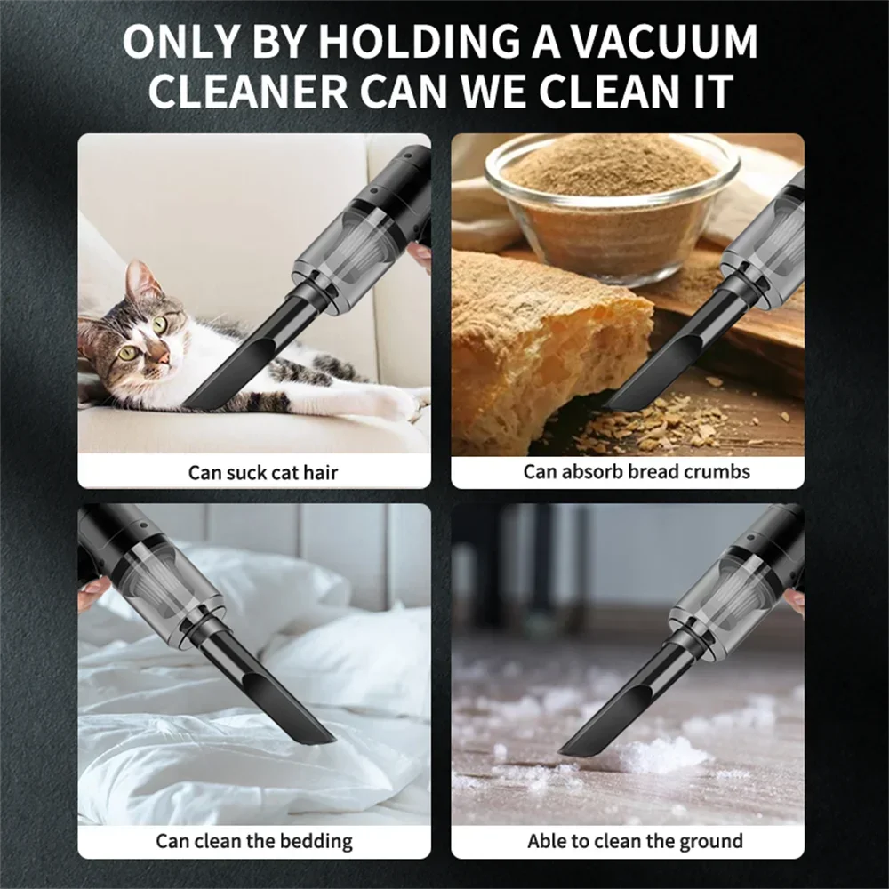 Vacuum cleaner attachments being used to clean various messes with text indicating their uses.
