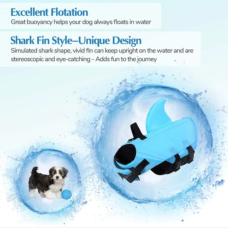 Blue shark fin-style浮力球 with text on excellent flotation and unique des