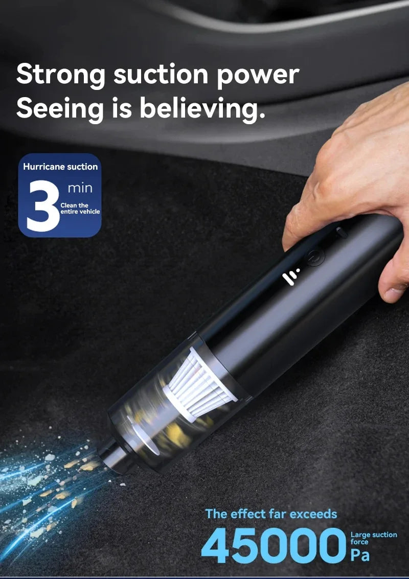 Hand holding a car vacuum cleaner with text highlighting strong suction power on a dark surface.