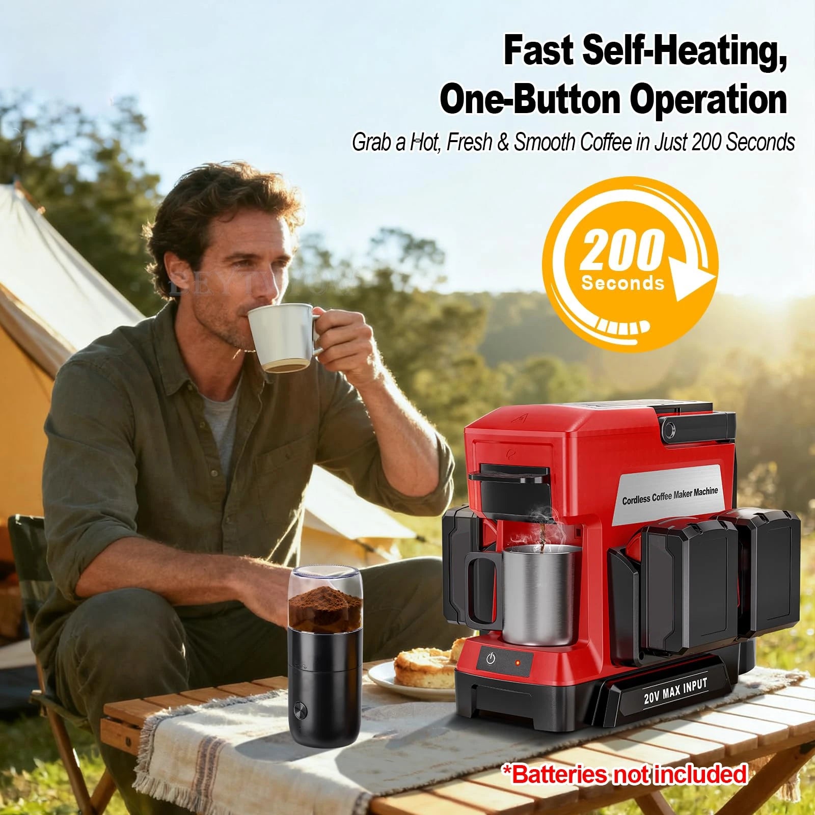 Man drinking coffee outdoors with a red portable coffee maker on a table.