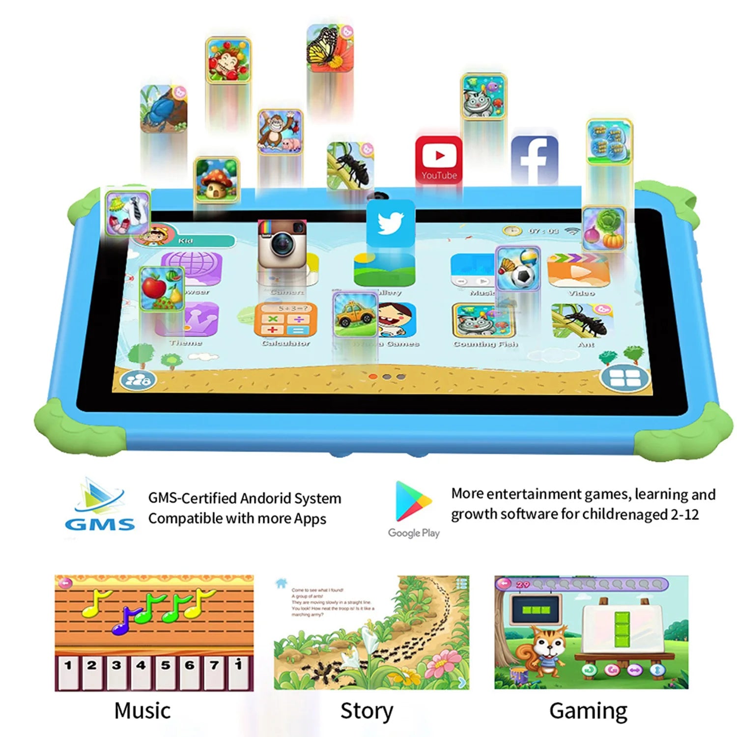 BDF 7-Inch Kids Android 13 Tablet — 4GB RAM, 64GB Storage, Dual Camera, WiFi & Bluetooth | Pink & Blue