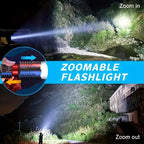 Zoomable flashlight being used to illuminate a dark, outdoor area with a building in the background.