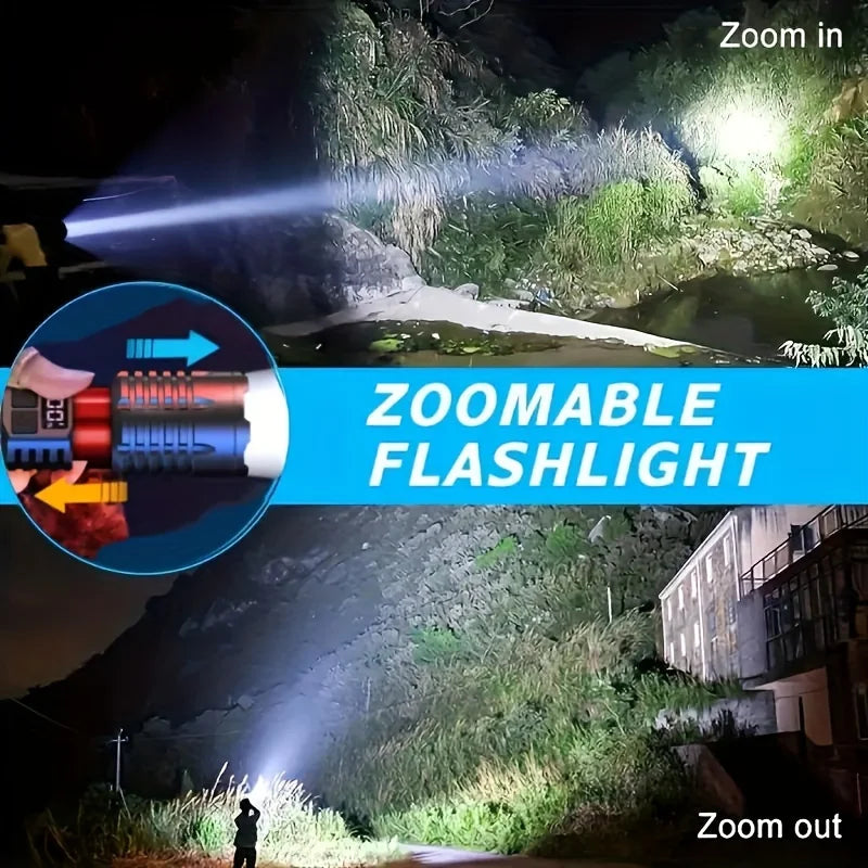 Zoomable flashlight being used to illuminate a dark, outdoor area with a building in the background.