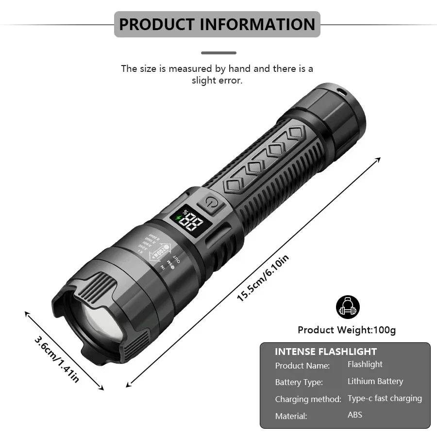 High Lumen Tactical Flashlight – Telescopic Zoom, Digital Display & USB-C Rechargeable