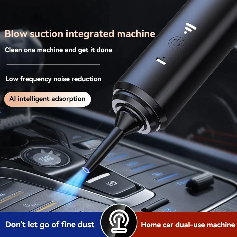Car interior with a black cleaning tool being used, for blowing and sucking