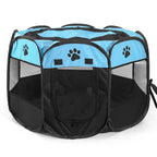 et playpen with blue top and black sides on a white background