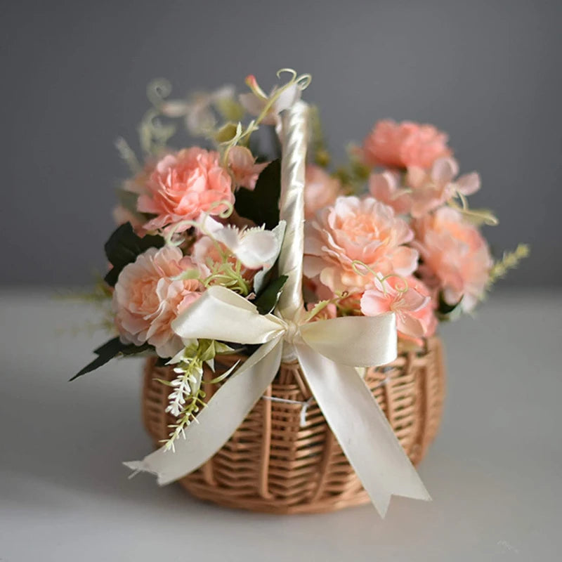 Hand-woven Wicker Wedding Flower Basket with Handle | Pink & White | Small & Large.