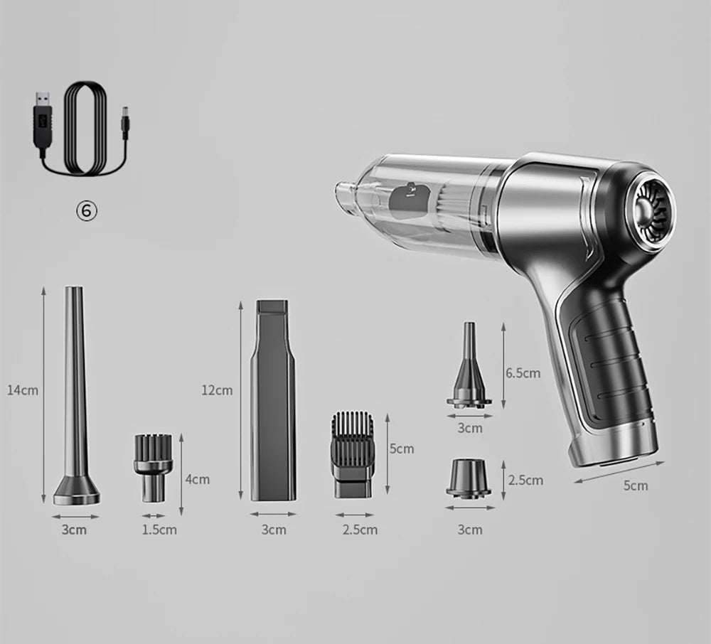 Hand held vacuum with attachments and measure devices