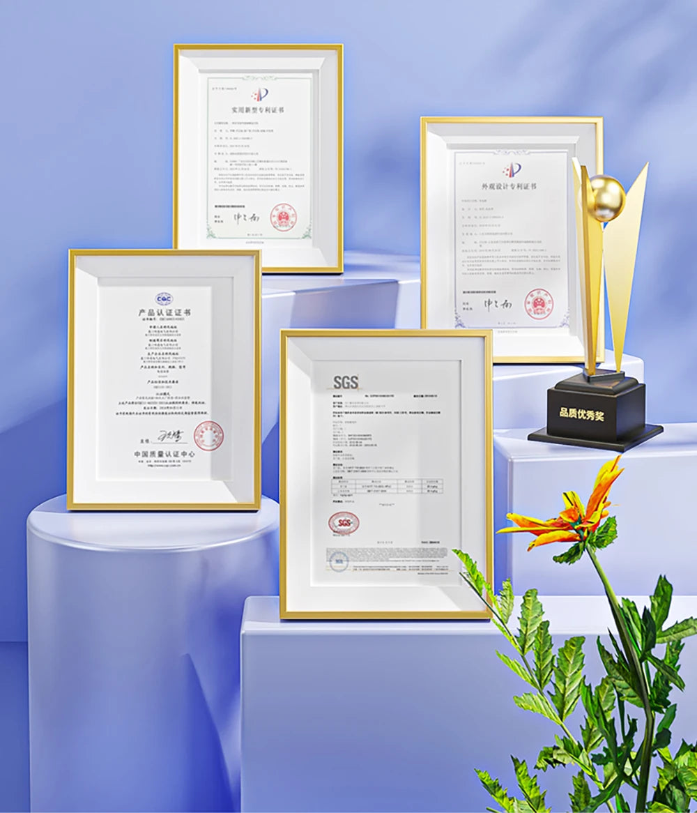 Framed certificates and a trophy on a blue pedestal with a plant in the foreground