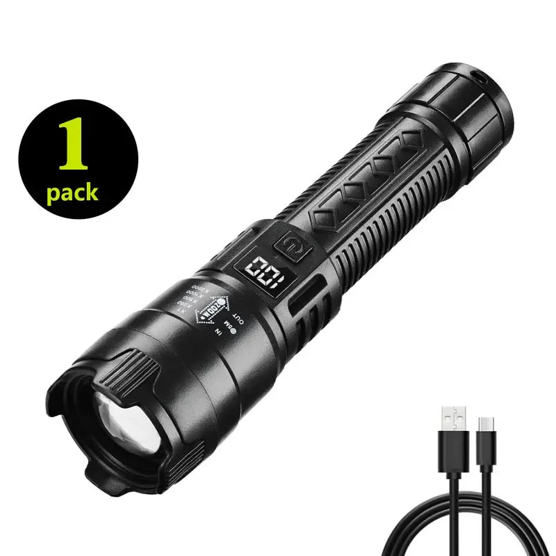 High Lumen Tactical Flashlight – Telescopic Zoom, Digital Display & USB-C Rechargeable