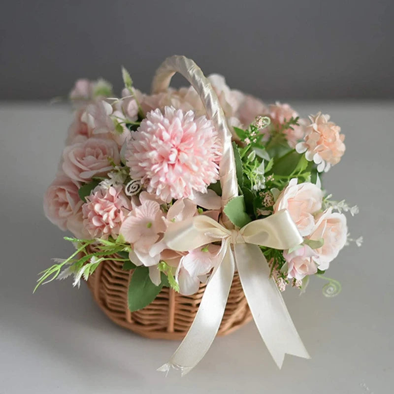 Hand-woven Wicker Wedding Flower Basket with Handle | Pink & White | Small & Large.