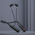 Black earbud headphones with a control unit on a gray background