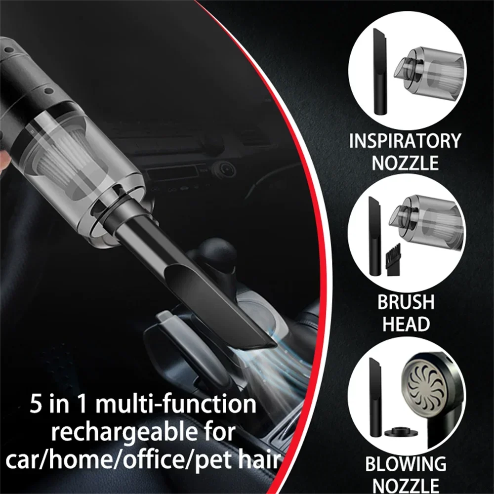Multi-function rechargeable vacuum cleaner with various nozzles on a black background
