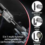Multi-function rechargeable vacuum cleaner with various nozzles on a black background