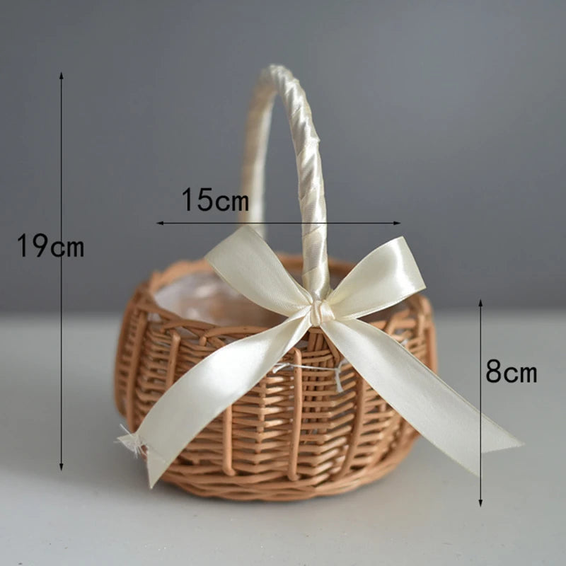 Hand-woven Wicker Wedding Flower Basket with Handle | Pink & White | Small & Large.