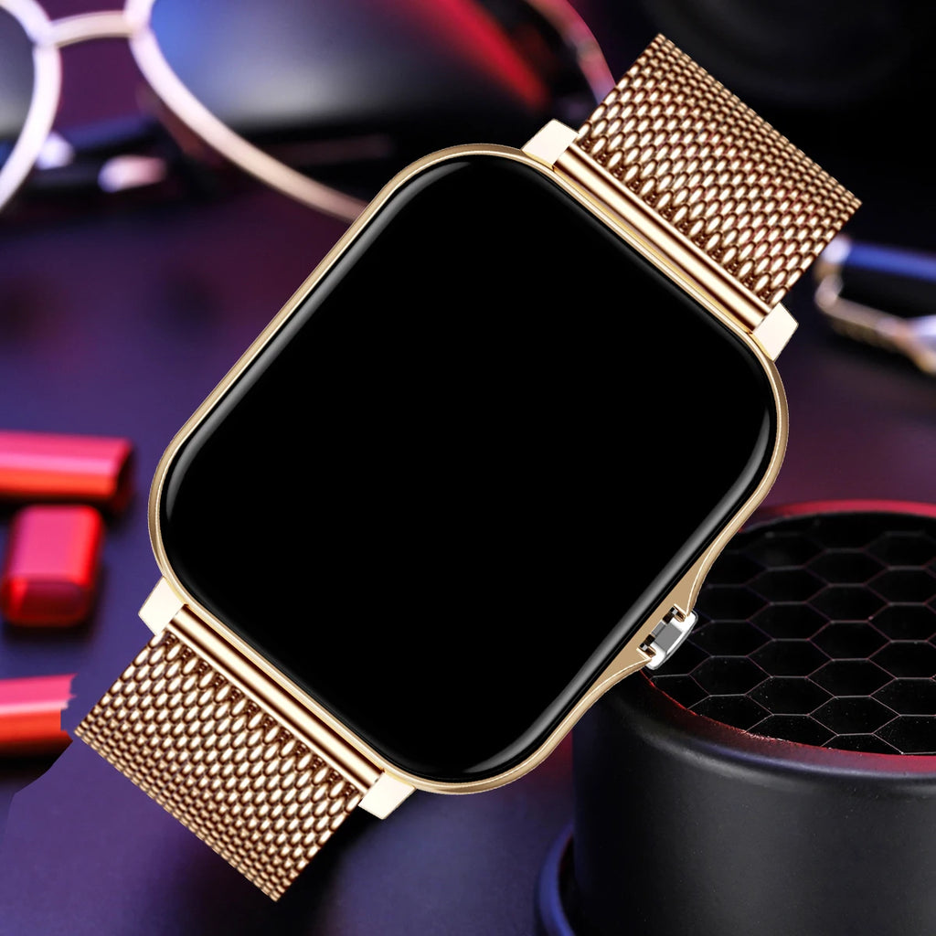 Black smartwatch with a mesh band on a colorful background