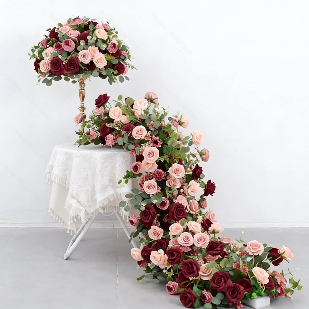 Artificial Red Rose & Green Leaf Flower Ball / Flower Row