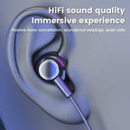Earbud with text highlighting HiFi sound quality, immersive experience, passive noise cancellation, soundproof earplugs, and quiet calls on a gray background.