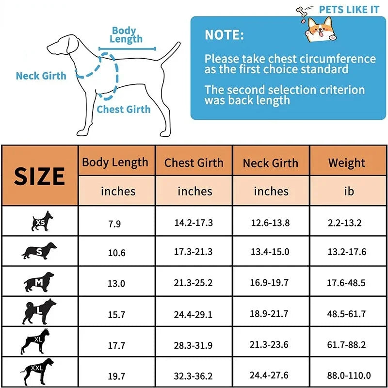 Dog size chart with measurements for body length, chest girth, neck girth, and weight, sourced from 'Pets Like It'.