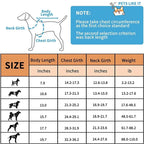 Dog size chart with measurements for body length, chest girth, neck girth, and weight, sourced from 'Pets Like It'.
