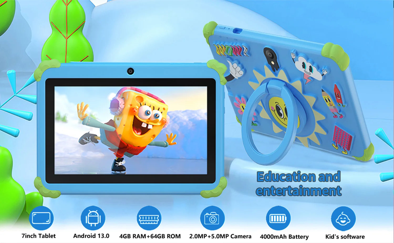 BDF 7-Inch Kids Android 13 Tablet — 4GB RAM, 64GB Storage, Dual Camera, WiFi & Bluetooth | Pink & Blue