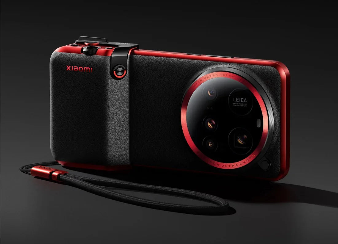 Black and red Xiaomi camera with Leica branding on a dark background