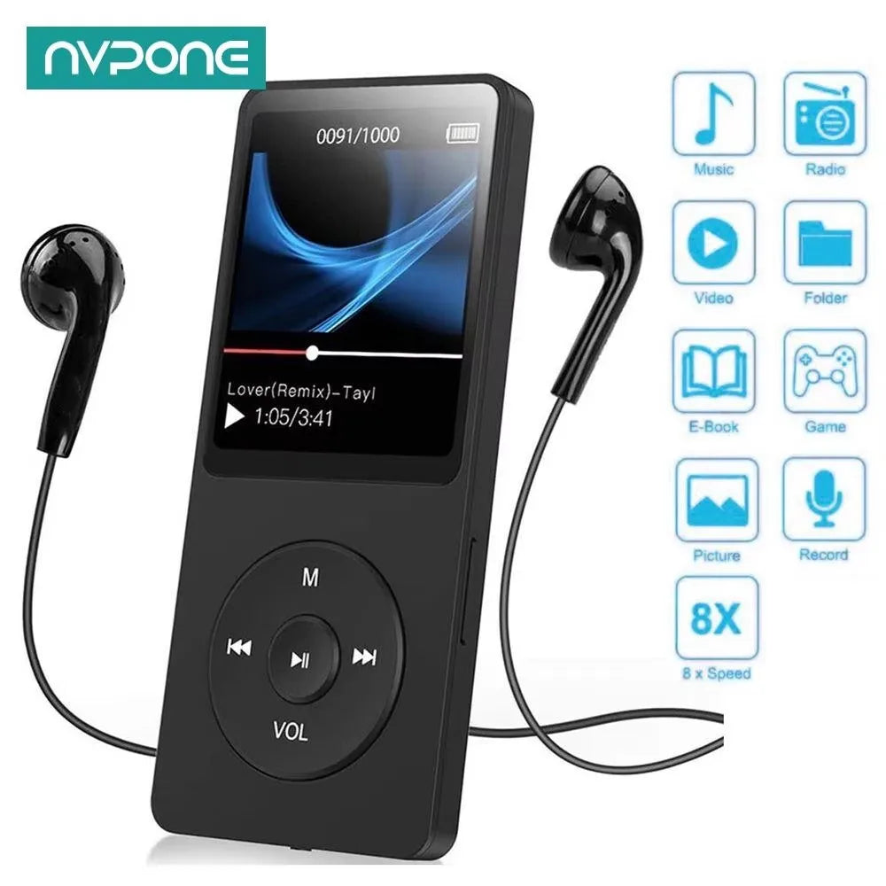 Black MP3 player with earphones on a white background, featuring the NVPONE brand.