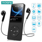 Black MP3 player with earphones on a white background, featuring the NVPONE brand.