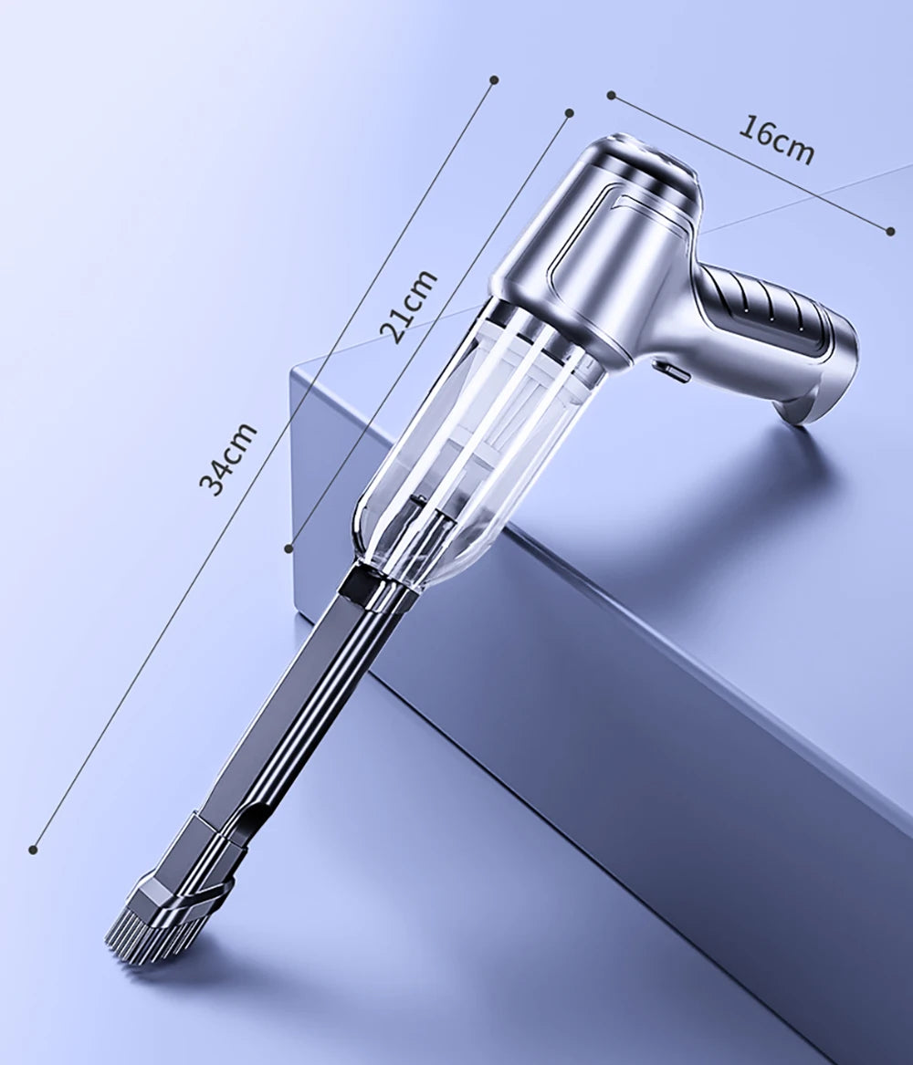 Handheld vacuum cleaner with measurement details on a light blue background