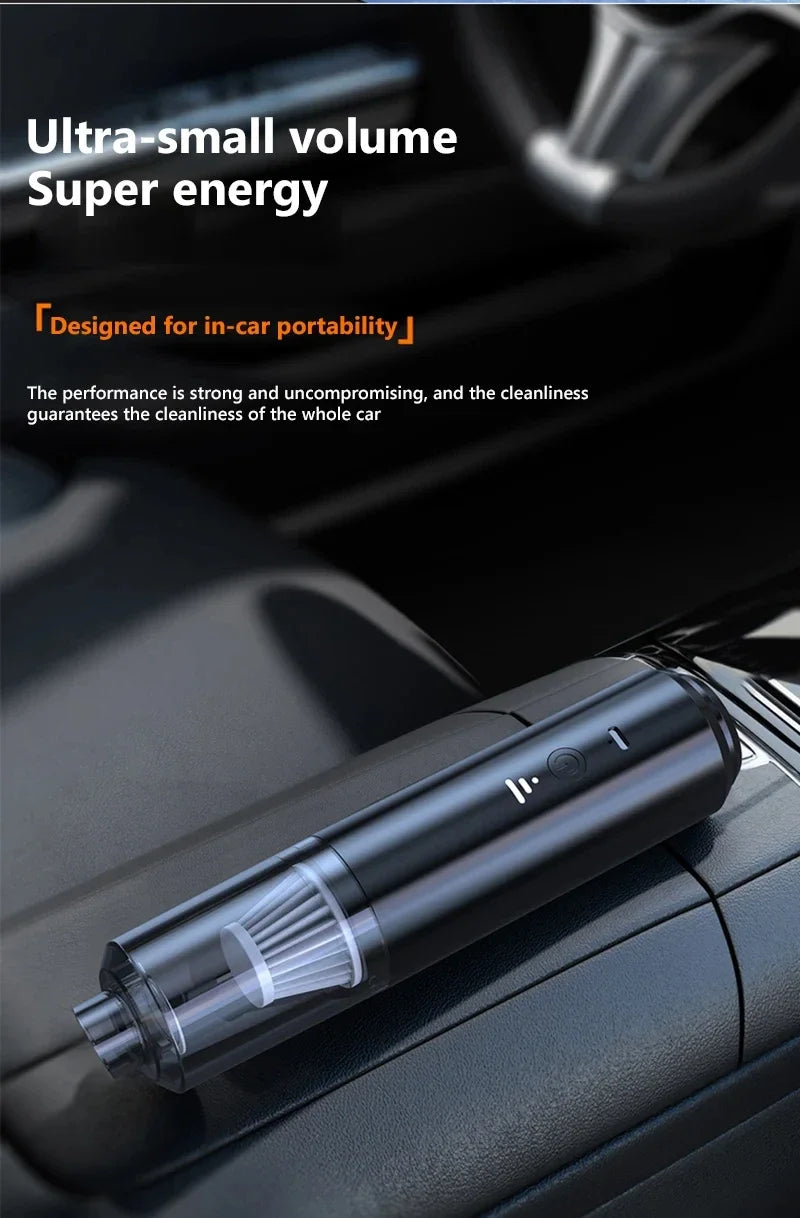 Car air freshener on a car dashboard with text about ultra-small volume and super energy.