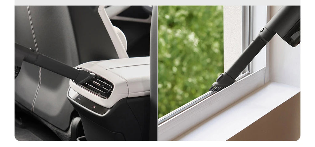 Two images: one of a car interior with a seat belt, the other of a window cleaning tool by a window