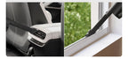 Two images: one of a car interior with a seat belt, the other of a window cleaning tool by a window