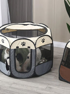 og inside a portable pet playpen on a wooden floor.