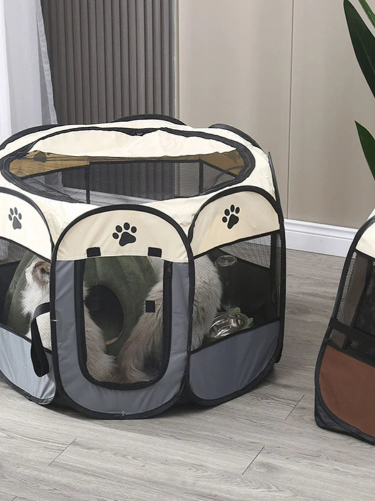og inside a portable pet playpen on a wooden floor.