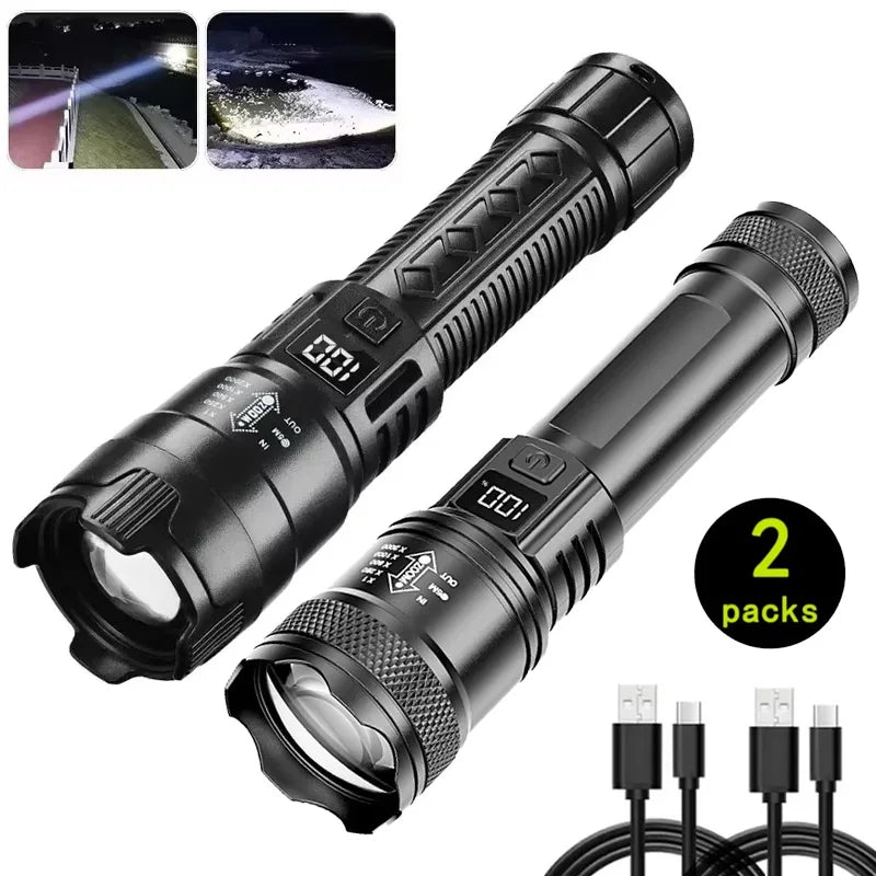 High Lumen Tactical Flashlight – Telescopic Zoom, Digital Display & USB-C Rechargeable