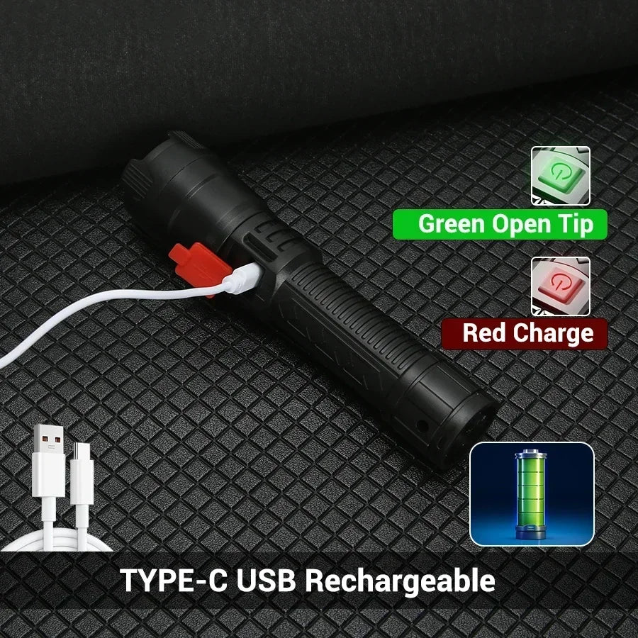 High Lumen Tactical Flashlight – Telescopic Zoom, Digital Display & USB-C Rechargeable