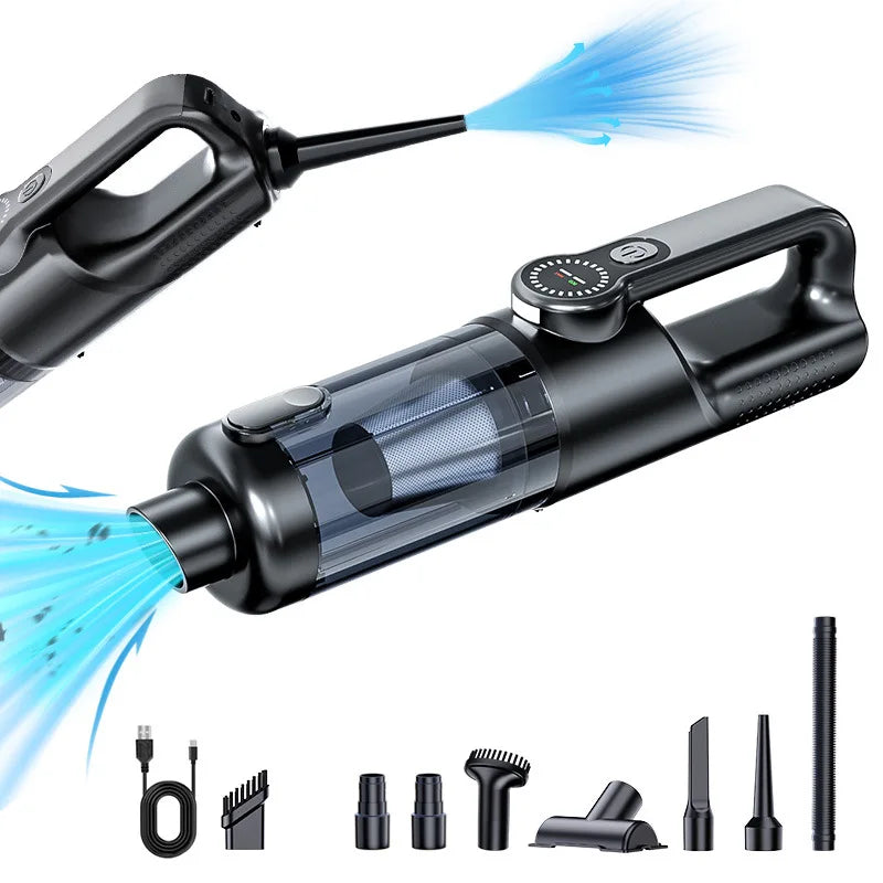 Handheld vacuum cleaner with attachments on a white background