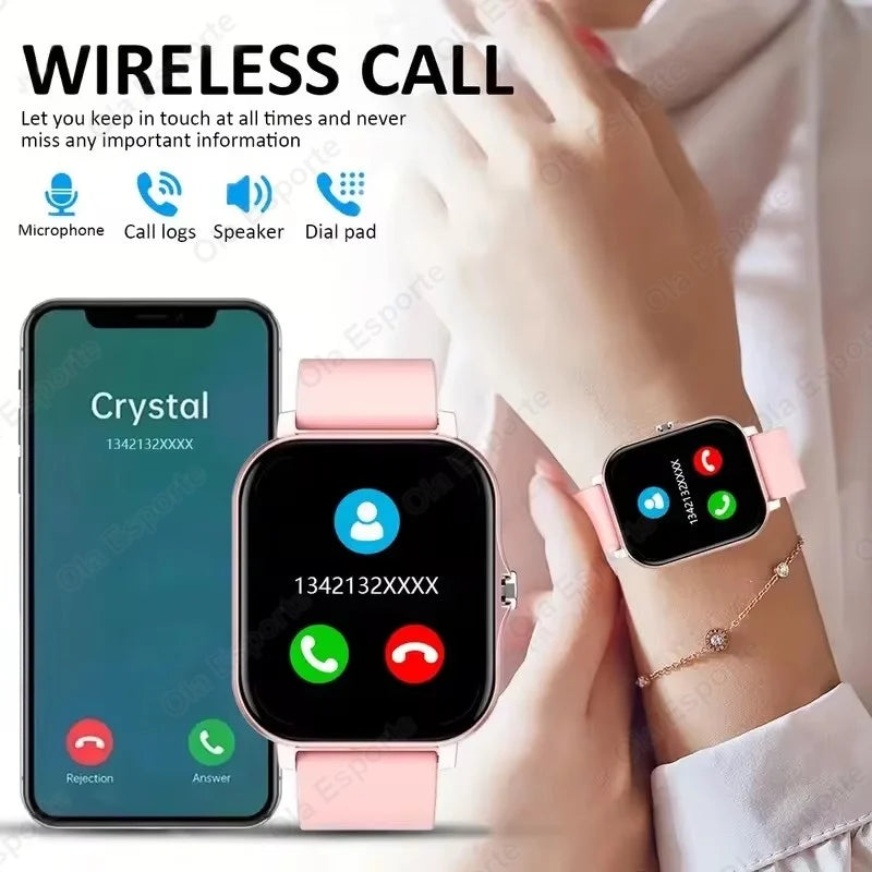 Smartwatch and phone showing call interface with text 'Wireless Call' and features.