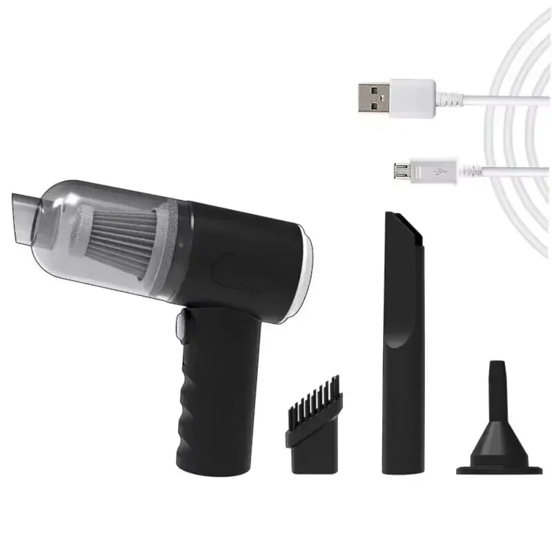 Black handheld vacuum cleaner with attachments and USB cable on a white background