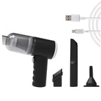 Black handheld vacuum cleaner with attachments and USB cable on a white background