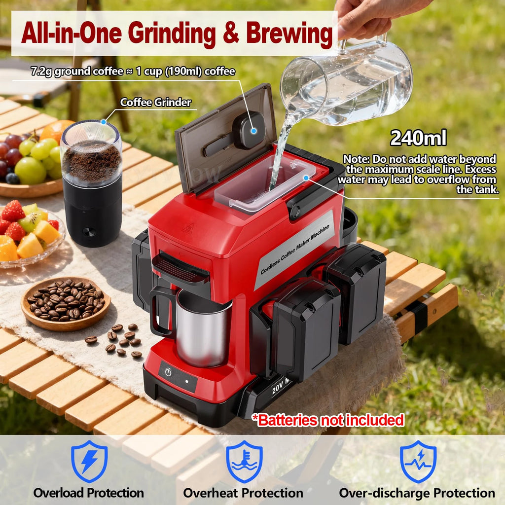 Red and black coffee grinder and brewer on a wooden table outdoors with coffee beans and fruits.