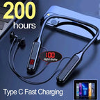 Wireless earbuds with charging case on a dark surface, featuring '200 hours' battery life and 'Type C Fast Charging' tex