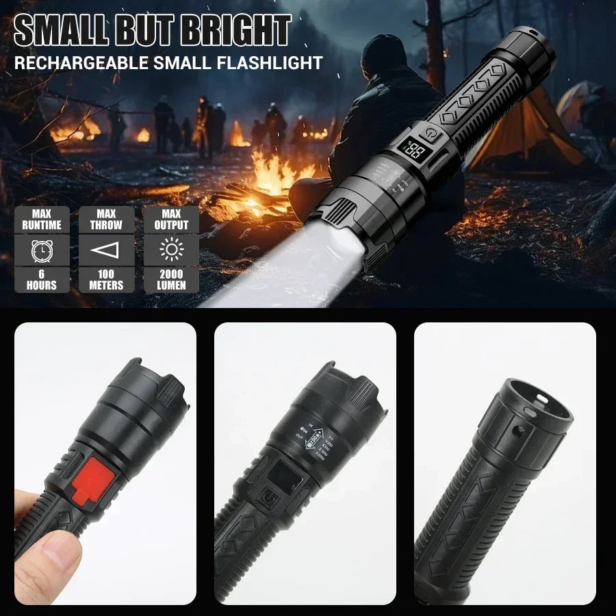 High Lumen Tactical Flashlight – Telescopic Zoom, Digital Display & USB-C Rechargeable