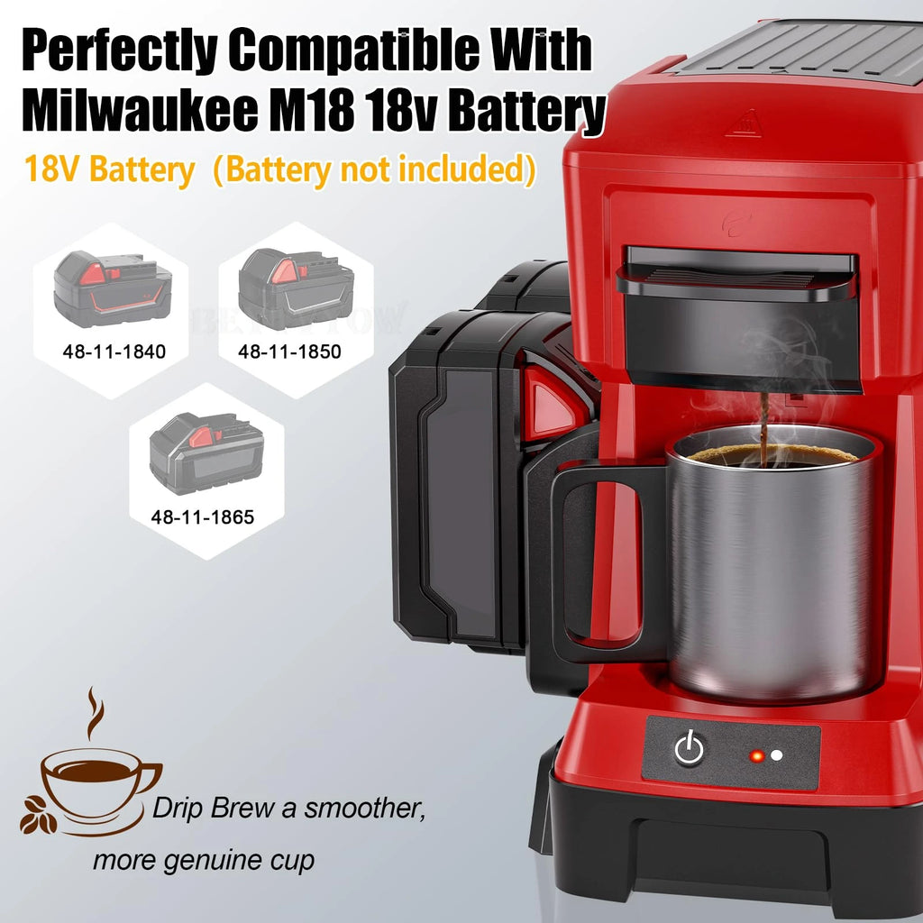 Red coffee maker with a cup of coffee, compatible with Milwaukee M18 18v battery.