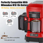 Red coffee maker with a cup of coffee, compatible with Milwaukee M18 18v battery.