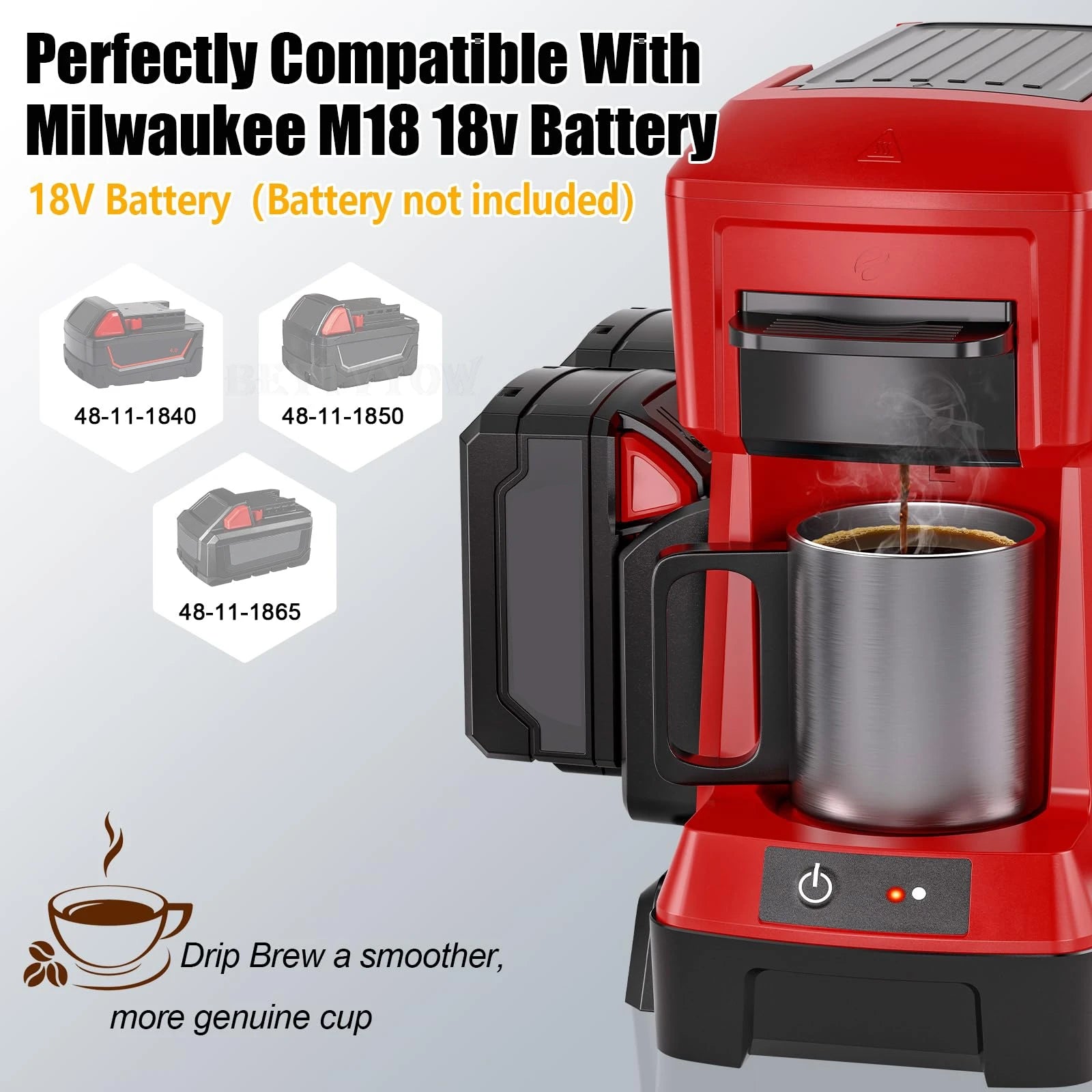 Red coffee maker with a cup of coffee, compatible with Milwaukee M18 18v battery.