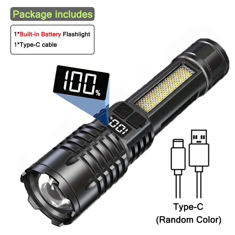 Black flashlight with digital display and Type-C cable on a white background